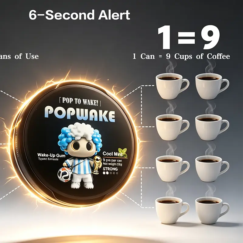 POPWAKE Rapid Energy Chewing Gum - 6-Second Alert, 1 Can Equals 9 Cups of Coffee, 0 Sugar, 0 Jitters