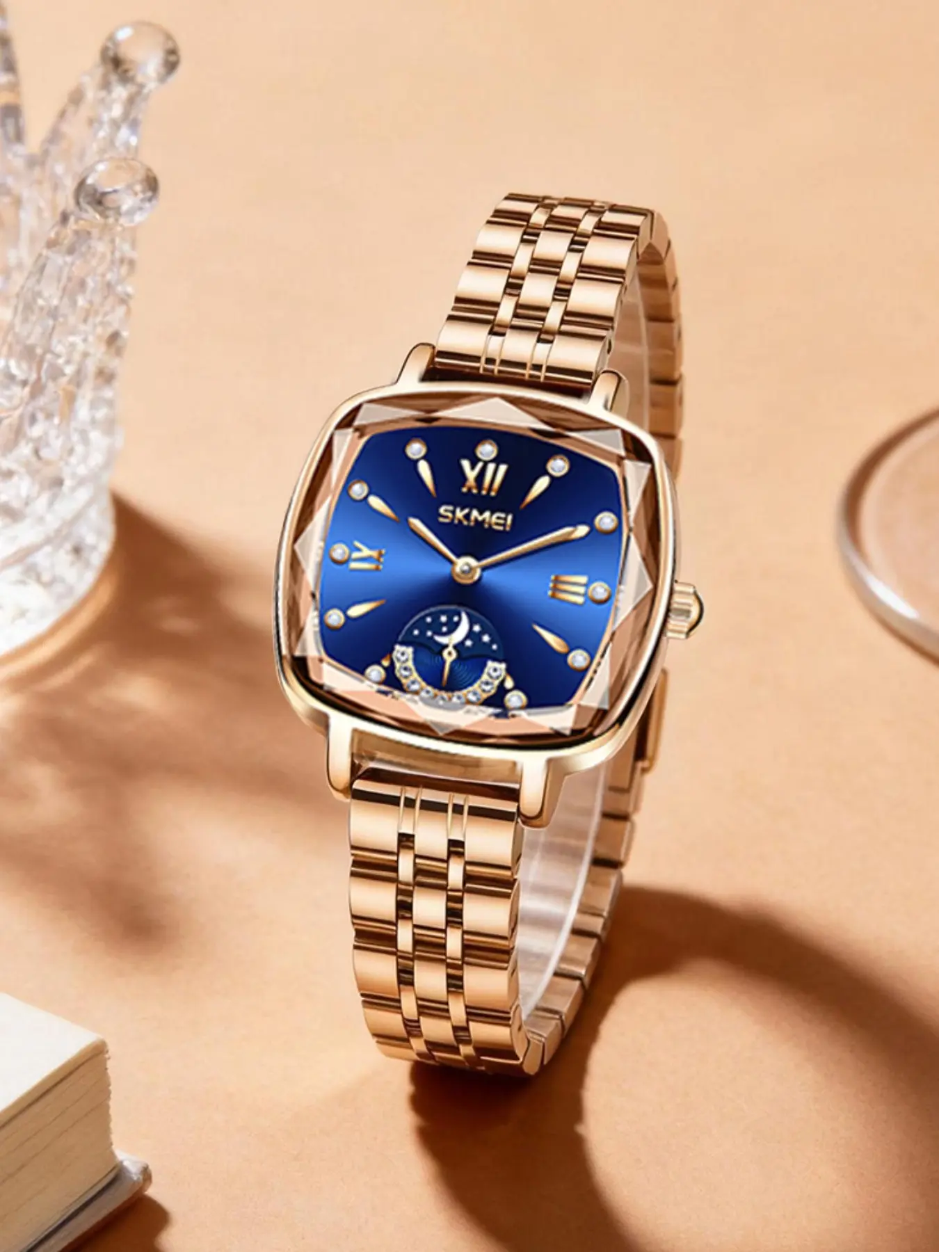 Skmei Women's Luxury Watch, Fashionable Analog Watch, Trendy Exquisite Watch, Starry Dial, Rhinestone Roman Numerals, Stainless Steel Strap, Analog Quartz Movement, Casual Style, Stainless Steel Watches, Rhinestone Wristwatch