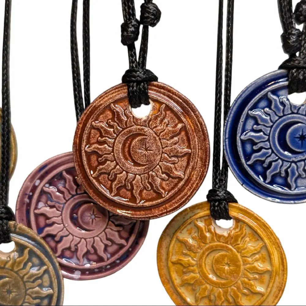 Crescent Moon Sun And Star Cottagecore Ceramic Wax Seal Pendant Hippie Whimsical Choker Adjustable Cord Necklace Clay Charms Celestial