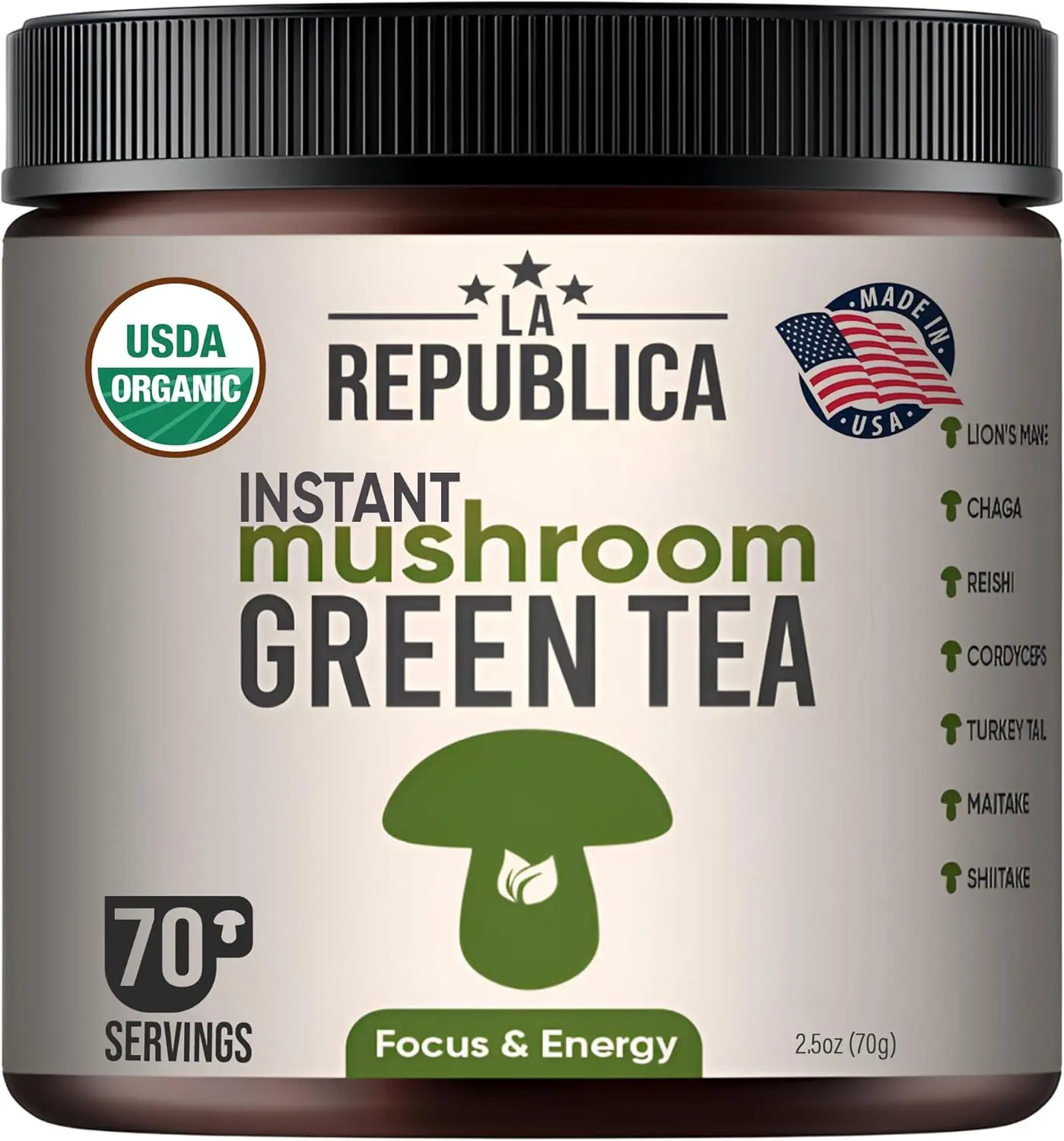 La Republica Instant Green Tea with Reishi, Chaga, Lion's Mane, Cordyceps, Turkey Tail, Maitake for Focus (70 Servings)