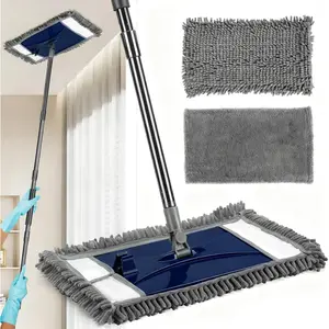 Wall cleaning mop with long handle, comes with an additional wall dust mop, equipped with 2 reusable microfiber pads, suitable for cleaning walls, floors, and ceilings, blue