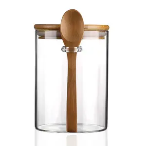 Clear Glass Storage Canister with Wooden Spoon, Airtight Lid Sealed Small Glass Container Jar with Scoop for Bath Salt Holder, Sugar, Spice, Coffee, Matcha Tea, Condiment, Pepper