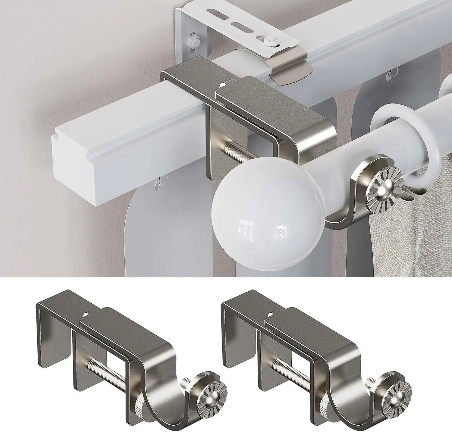 Heavy-Duty Over Blinds Rod Brackets, Standard Fit for 1–2" Headrails Depth | Nickel 2 Pack • Standard Fit for Most Homes • Heavy-Duty Steel • Reinforced Two-Piece Design • No Drill Installation