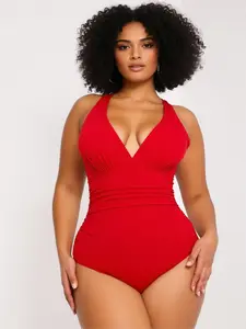 Plus Size Festive Red Halter One Piece Swimsuit, Ruched Waist + Backless Design, Sexy Modest Beach Swimwear