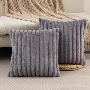 Set of 2 Dark Grey Faux Fur Decorative Throw Pillow Covers Striped Pillowcase Cushion Covers 18 x 18 Inch Sofa Couch Bedroom