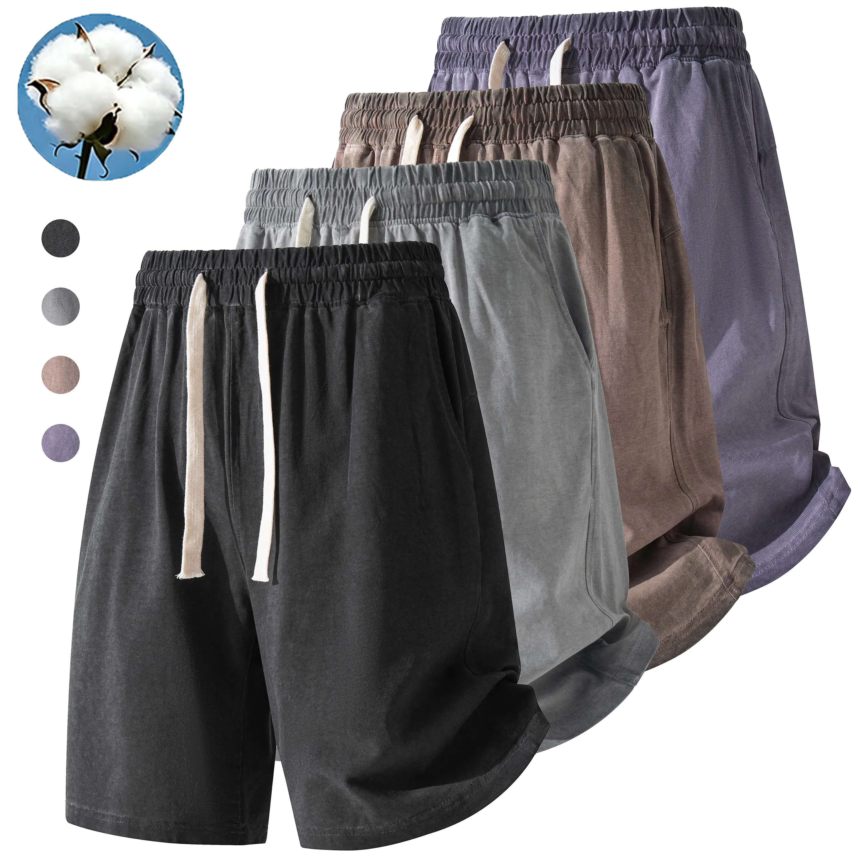 Men’s 2-Pack Vintage Wash Cotton Shorts – Summer Drawstring Elastic Waist, Loose Fit, Casual & Versatile Knee-Length Shorts