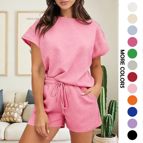 MOEENCN Women's Comfy Cute 2-Pcs Fitted Loungewear Set - Textured Round Neck Short Sleeve T-Shirt, Drawstring Above-The-Knee Shorts, Lightweight Stretchy Fabric, Coffee-Run Ready Home-To-Errands Clothes (Pink, Apricot)