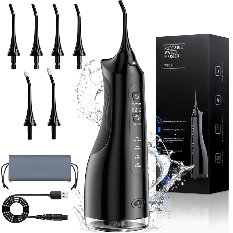 Water Dental Flosser Teeth Pick,Portable Cordless Oral Irrigator for Teeth Cleaning,4 Modes & 3 Intensities,310ML,IPX7 Waterproof,Rechargeable Water Flosser for Braces,Bridges,Gum Care-Black Adjustable Handle Fresh Breath Electric