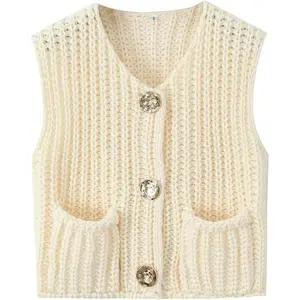 Womens Crochet Knit Top Sleeveless Button Down Crop Top Open Front Sweater Cardigan Vest with Pockets