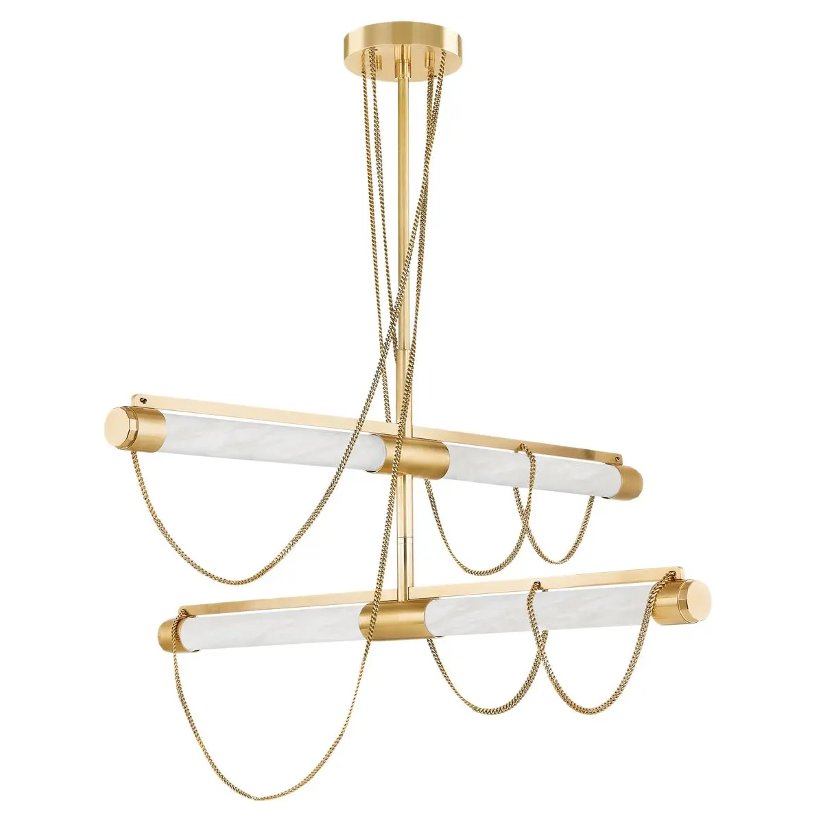 Lariat Chandelier with Alabaster Shades and Vintage Brass Finish, Inspired by Roman Antiquities