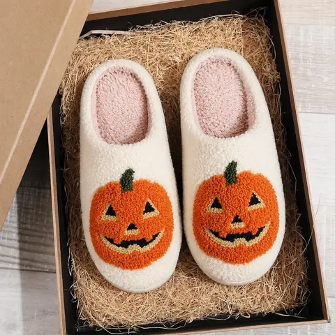 Halloween Ghost Pumpkin Plush Slippers for Women and Men, Soft Cozy Indoor-Outdoor House Shoes, Anti Slip Design, Bedroom Slippers