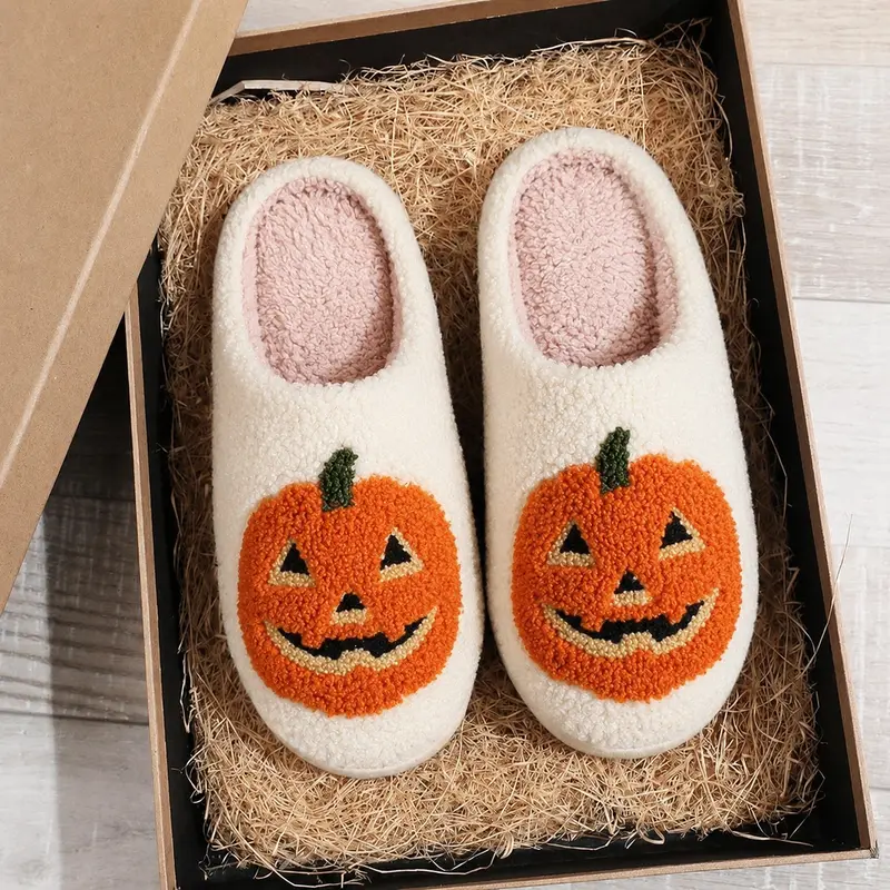 Halloween Ghost Pumpkin Plush Slippers for Women and Men, Soft Cozy Indoor-Outdoor House Shoes, Anti Slip Design, Bedroom Slippers