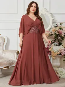 Plus Size V Neck Batwing Sleeve Sequin Embroidery Dress, Solid Chiffon Floor-Length Bridesmaid Evening Gown, Elegant Party Wear