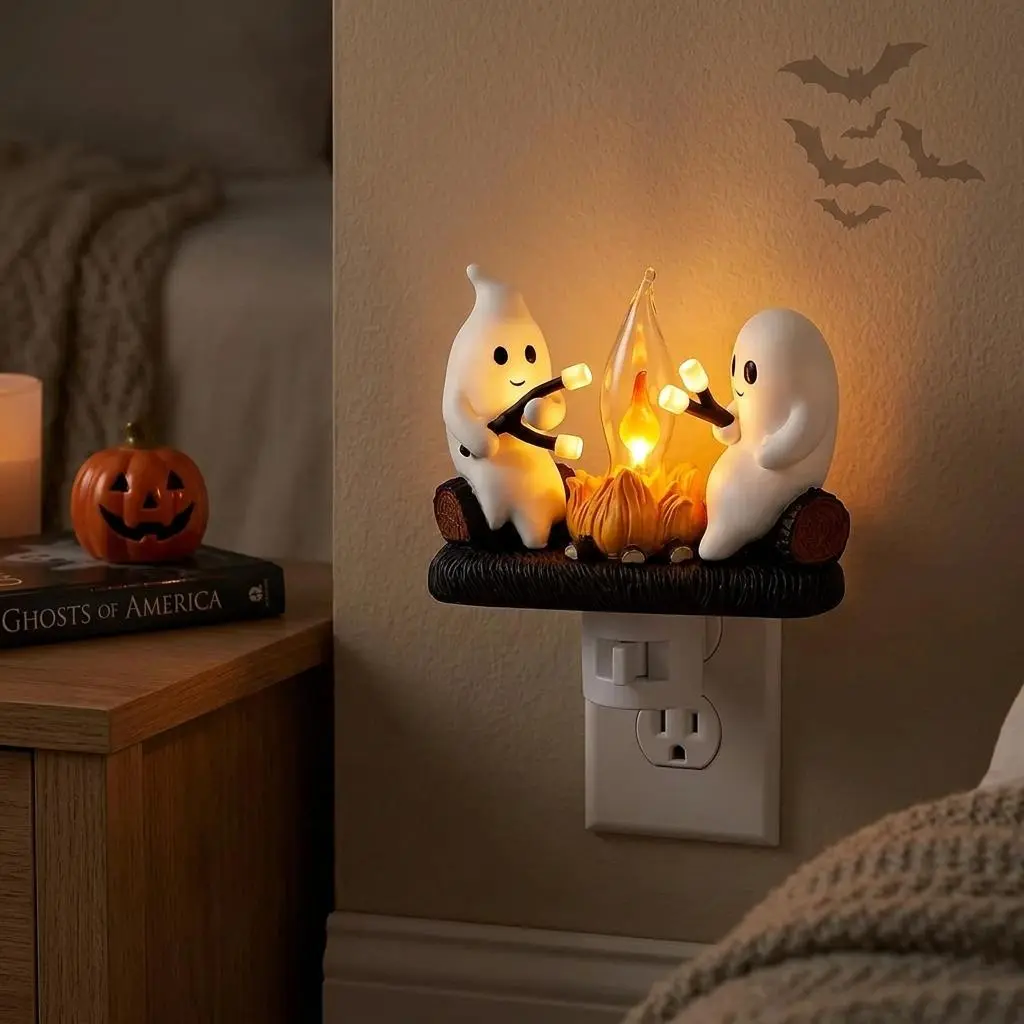 "Ghost Campfire" Plug-in Night Light - Cute Ghost 3D Marshmallow Design, Realistic Flicker Flame Effect, Ambient Glow, Halloween Festive Decoration for Bedrooms (Suitable for Adults & Kids)