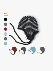 Women's Knitted Hat, Korean Style Wind, Warm Ear Protection, Fluffy Striped Bow Design, Soft Knit Material, Fall Winter Daily Wear, Beanie Fitted