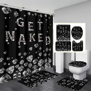 Silver Color Diamond Pattern Polyester Insulated Bathroom Curtain Set, Includes 12 Hooks, Bath Mat, U-Shaped Mat, Round Toilet Lid Pad, Shower Curtain Sets