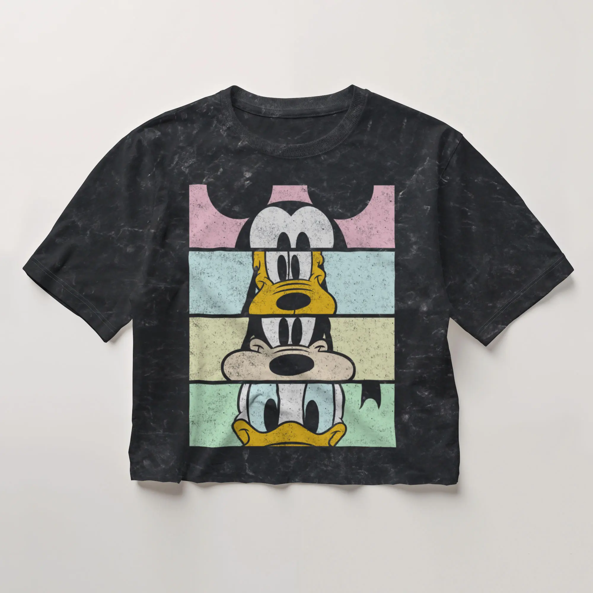 Juniors Womens Mickey & Friends Distressed Group Cropped Portraits T-Shirt