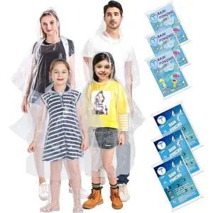 Rain Ponchos 6 Pack Family Set - 50% Thicker Disposable Emergency Raincoat with Hood for Adults & Kids, Waterproof, Pocket Size for Outdoor & School
