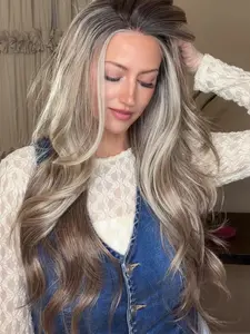 MACA BAKA Luna Warm Brown Blonde Ombre Highlight Lace Front Wig with Scandinavian Hairline Low Density 20 Inches Long Natural Wavy HD Synthetic Lace Front Wigs for Women Pre Plucked