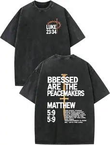 TikTok Viral Vintage Black Washed Christian Top, front Luke2334 thorn & cross icon, back blessed peacemakers Matthew59 scripture print, oversized thick cotton religious apparel great for faith-themed gift giving good graphic tees