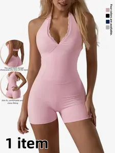 Women's Lace V-Neck Jumpsuit, Fashionable Sexy Hollow Out Back, Slim Fit Butt Lifting, Sporty Style Yoga Wear, Plain Pattern