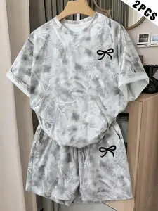 tiktokshopspringglowup Trendy 2-Piece Camo Print Lounge Set, Womenswear, Short Sleeve Tee & High-Waist Shorts, Black Bow Accent, Soft Fabric, Perfect for Sleep, Lounging or Casual Outings, Women's Pajamas