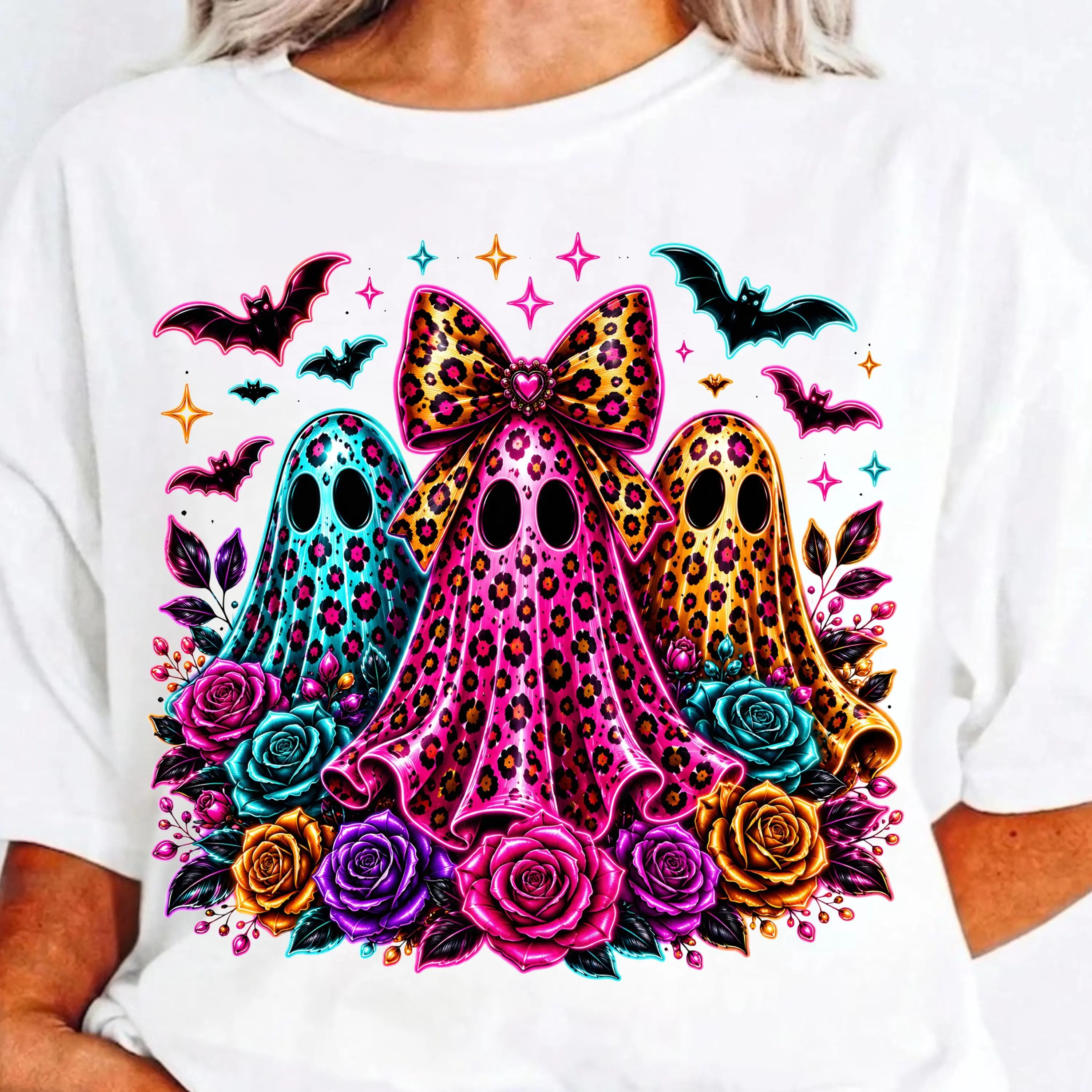Leopard Ghost Halloween Shirt, Colorful Floral Ghost Graphic Tee, Cute Spooky Fall T-Shirt for Women