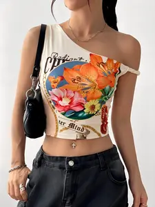 Y2K Aesthetic Floral Print One Shoulder Asymmetrical Slim Fit Crop Top for Women, Stretchy Vintage Boho Flower Graphic Tank Top, Summer Streetwear Fashion, Casual Vacation Party Club Daily Wear, Irregular Sleeveless Cropped Cami Top, Retro, Womenswear