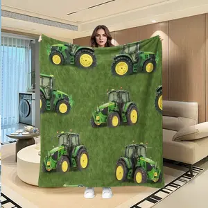 Farmhouse Tractor Flannel Blanket, Full Print Machinery Design, Skin-Friendly Warm Cover, Multi-Purpose Bed Sofa Throw, Ideal Gift