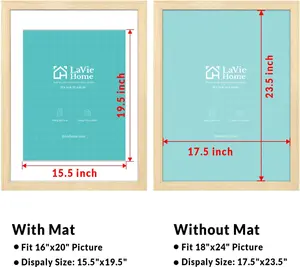 Lavie Home 18X24 Picture Frame Beige Oak Wood Poster Frame, Display Pictures 16X20 with Mat or 18X24 without Mat, Stable Frame and Polished Plexiglass, Horizontal and Vertical Format of the Walls LaVie Home