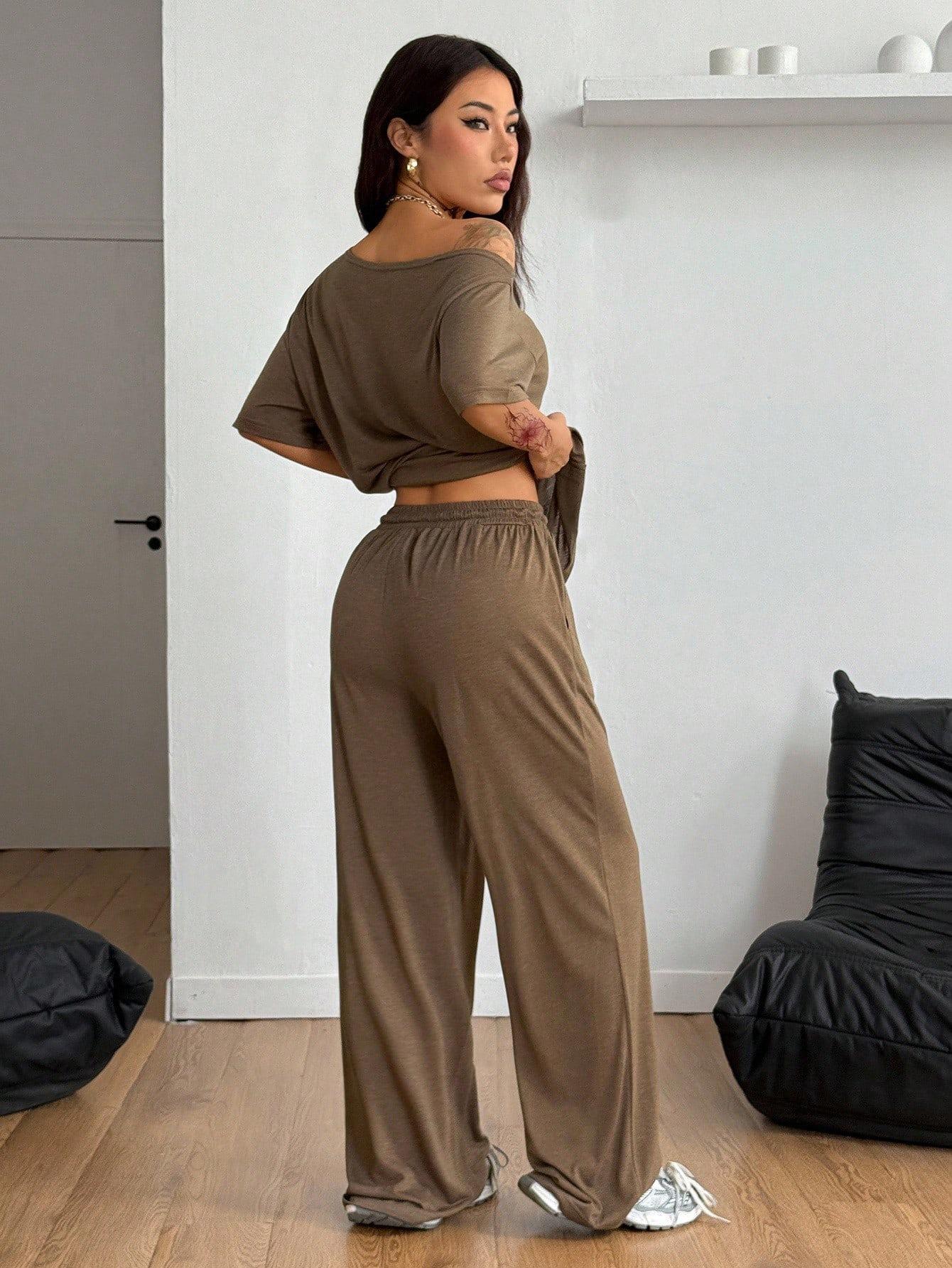 Women's Casual Solid Color Sport Two-Piece Set, Loose Long Pants & Wide Leg Slant Neck Pant Suit, Spring & Fall Fashion