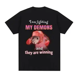 Funny I Am Fighting My Demons and The Are Winning Rat Meme T-shirt Fashion Creative T Shirts Short Sleeve Oversized T-shirts