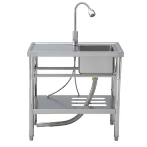 Stainless Steel Utility Sink 2.0 Series | No Back Panel | With Faucet | Left Platform + Right Single Basin | 29.5 x 15.7 x 29.5 in | Stainless Steel Finish