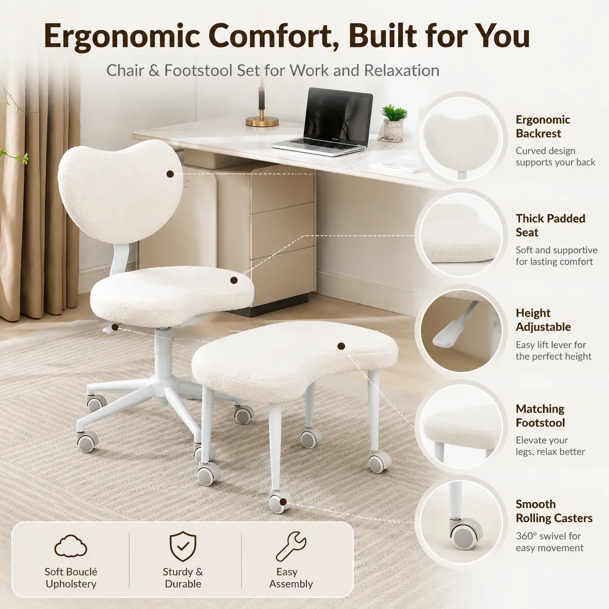 littleox Ivory Meditation Plus Cross Legged Desk Chair with Rolling Wheels, Ergonomic ADHD Fidget Sensory Chair with Lumbar Support & Adjustable Height Stool, Flexible Active Sitting Office Chair for Focused Wiggly Sitters