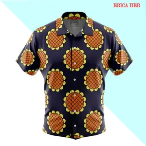 Navy Blue Monkey D. Luffy Lucy Dressrosa One Piece Button Up Hawaiian Shirt