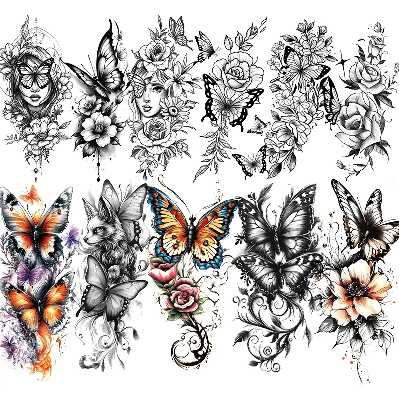 Rechal Flower Butterfly Temporary Tattoos for Women Girls, 11 Sheets Large Black Waterproof Half-Arm Shoulder Adults Fake Tattoo, Colorful Realistic That Look Real Last Long Party Favors Supplies Gifts