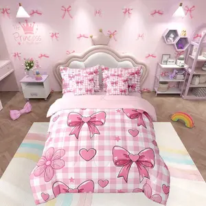 Bowknot Comforter Set with Sheets 7 Piece Checkerboard Bedding Set for Kids Boys Girls Pink Bow Bed in a Bag Plaid Room Decor Soft
