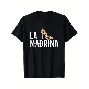 [100% Cotton] 100% CottonLa Madrina Spanish Godmother Leopard Graphic T-Shirt |   100%, Casual, Short Sleeve, All-Season, Regular Fit, Black with White Print, Perfect Gift for Women, Plus Size