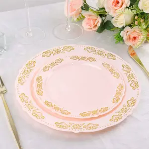 10-Pack Plastic Round Appetizer Plates 7.5" Blush with Gold Embossed Scalloped Edge - Stylish Disposable Salad Plates