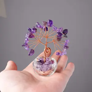 Natural Stone Amethyst 7 Chakra Healing Crystals Stones Tree Design Decorative Ornament, Handmade Copper Wire Wrapped Home Office Room Feng Shui Decoration