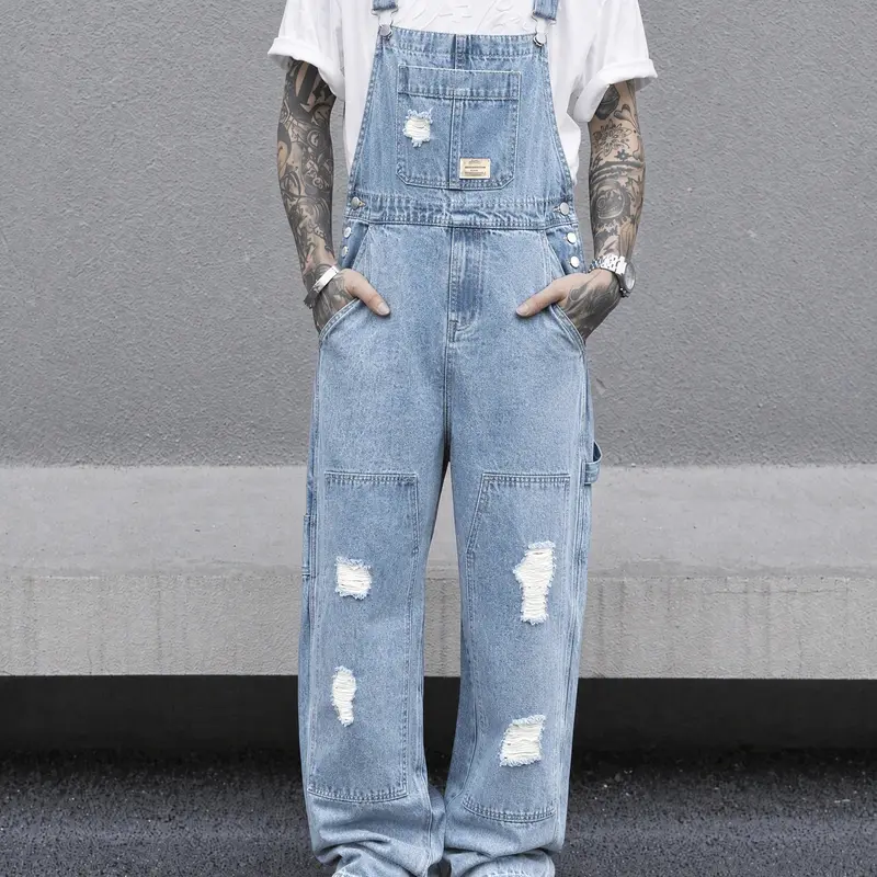 Men's Vintage Light Blue Button-Closure Heavy Washable Ripped Denim Overalls - Distressed Cotton Workwear Bib Trousers, Baggy Summer Casual Skater Jumpsuit (Non-Skinny Fit)