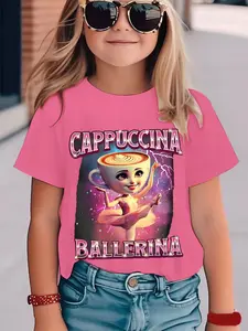 Girls Summer Fashion Cappuccino Coffee Print Short Sleeve T-Shirt, Casual Outdoor Wear, Comfortable Fit, Moderate Fabric Thickness