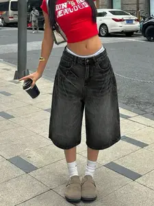 Women's Vintage Wash Cat Tail Pocket Wide Leg Bermuda Denim Jeans Shorts, Womenswear Casual Cut-Off Pants for Back-To-School Halloween