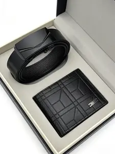 Men's Business Leather Belt Wallet Set, Automatic Buckle Short Wallet, High-End Gift, Durable PU Material, Fashion Plaid Design, All Seasons