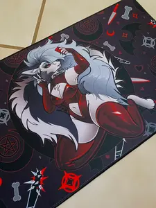 Loona Hellhound Gothic Desk Mat - Helluva Boss Dark Aesthetic Mousepad - Red & Black Gaming Setup Decor - XL Extended Anime Mouse Pad - Anti-Slip Base