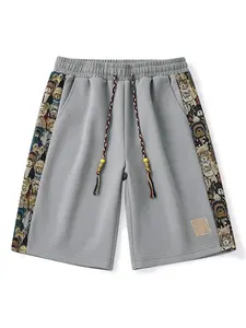 Men's Casual Aesthetic Cartoon Print Patchwork Shorts, Fitted Drawstring Design, Side Patterned Pants, Fashionable Summer Wear