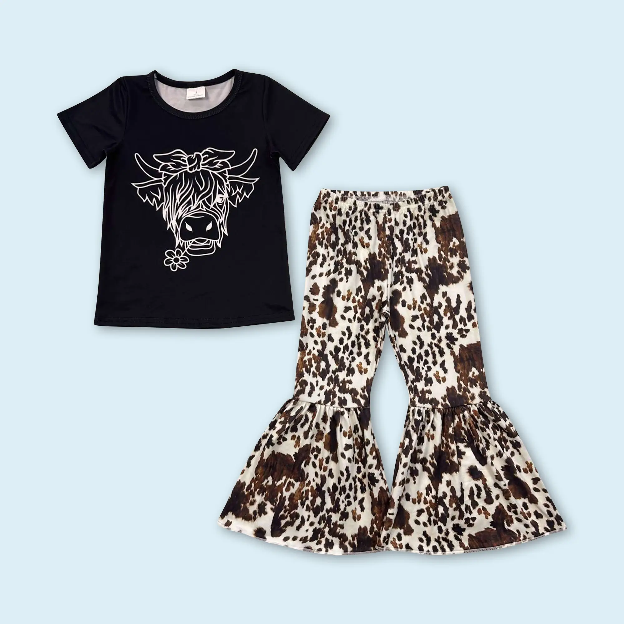 Highland cow black top matching bell bottoms baby girls summer boutique outfit