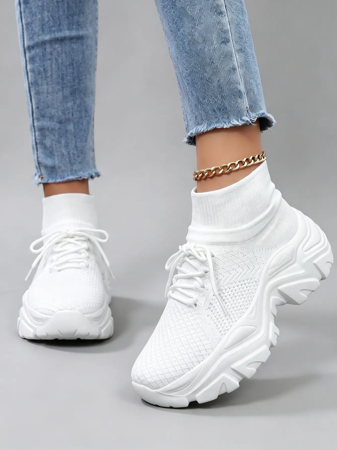 Women’s All White Knit Sock Platform Chunky Sneakers, Seamless Breathable Mesh Wedge Dad Trainers, Cushioned Non-Slip Mid Ankle Walking Shoes for Daily & Gym