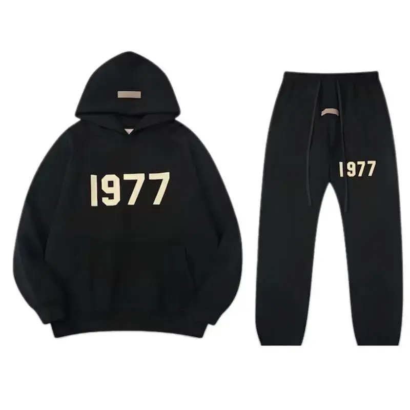 1977 Essential Hoodie & Pants Black Set Unisex Streetwear Tracksuit, Pullover Sweatshirt + Joggers, Gift for Him or Her 2025
