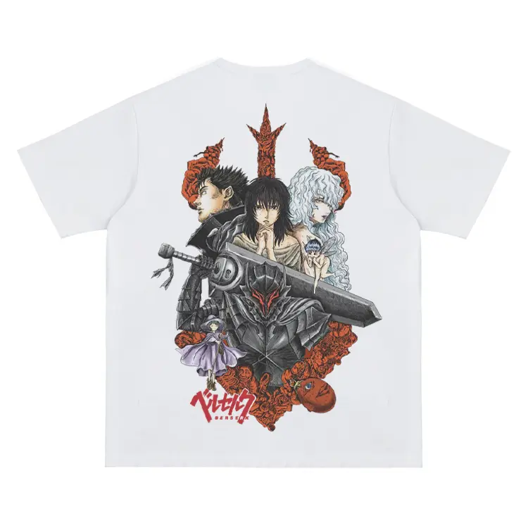 Berserk Black and White Printed Oversized Vintage Anime T-Shirt - 100% Cotton Mens Round Neck Heavyweight Casual Streetwear Cotton Top, Anime Clothing, Vintage Tops, Cotton Tops